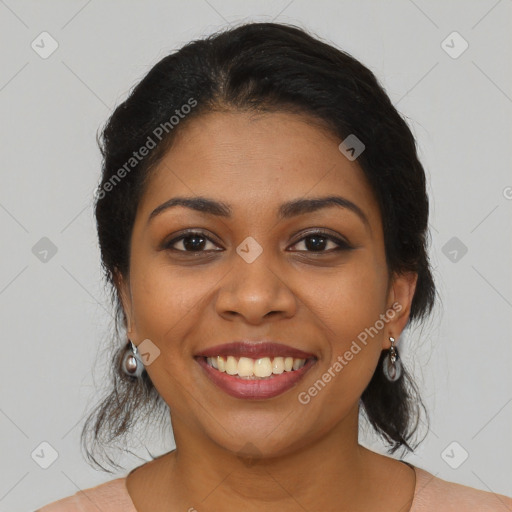 Joyful latino young-adult female with medium  black hair and brown eyes