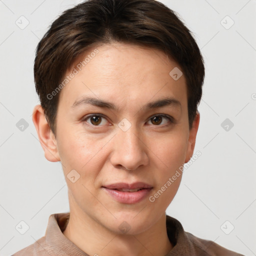 Joyful white young-adult female with short  brown hair and brown eyes