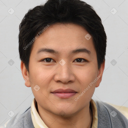 Joyful asian young-adult male with short  brown hair and brown eyes