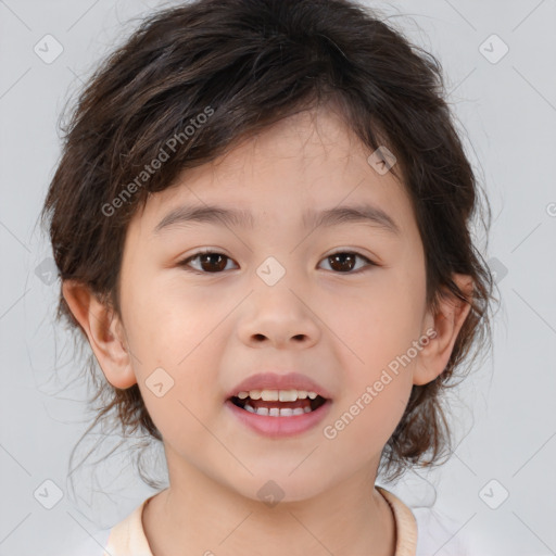 Joyful white child female with medium  brown hair and brown eyes