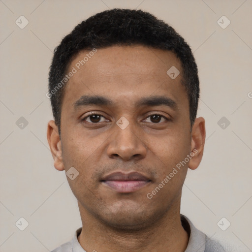 Neutral latino young-adult male with short  black hair and brown eyes