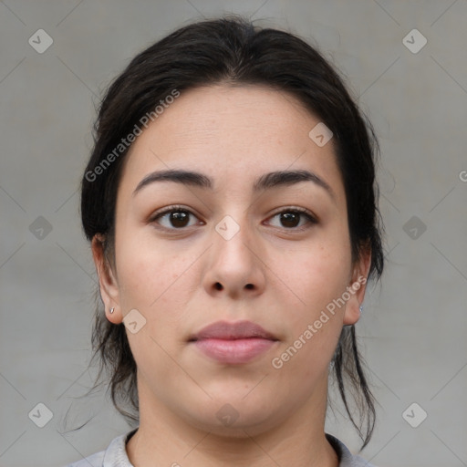 Neutral asian young-adult female with medium  brown hair and brown eyes