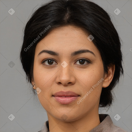 Joyful asian young-adult female with medium  black hair and brown eyes