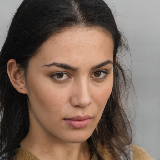 Neutral white young-adult female with long  brown hair and brown eyes