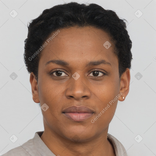 Neutral black young-adult female with short  brown hair and brown eyes