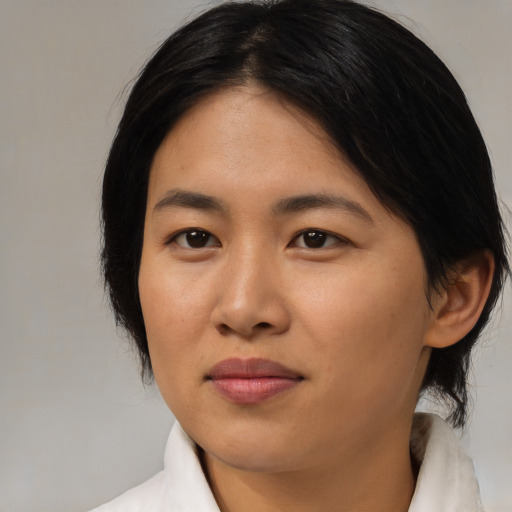 Joyful asian young-adult female with medium  black hair and brown eyes