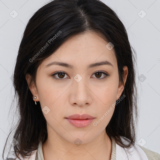 Neutral asian young-adult female with medium  brown hair and brown eyes