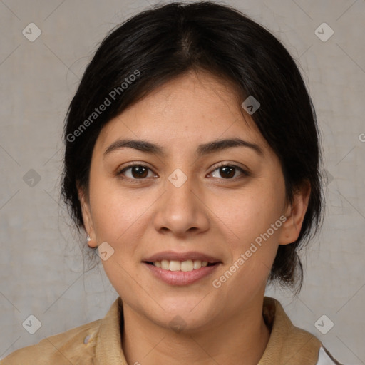 Joyful white young-adult female with medium  brown hair and brown eyes