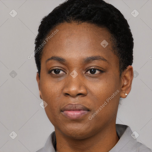 Neutral black young-adult female with short  black hair and brown eyes