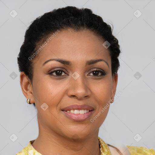 Joyful latino young-adult female with short  brown hair and brown eyes