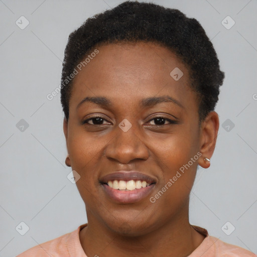 Joyful latino young-adult female with short  black hair and brown eyes