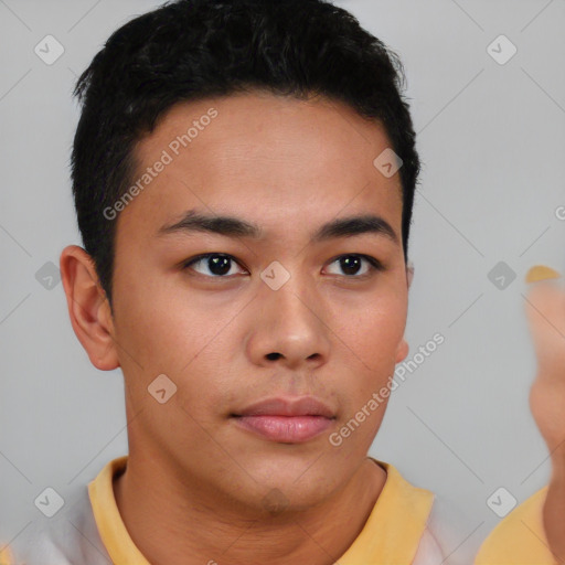 Neutral asian young-adult male with short  black hair and brown eyes