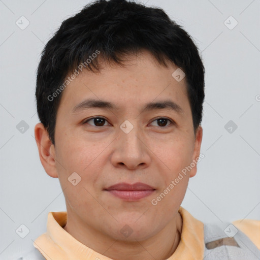 Joyful asian young-adult male with short  brown hair and brown eyes