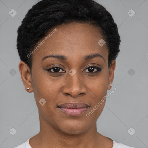 Joyful black young-adult female with short  black hair and brown eyes