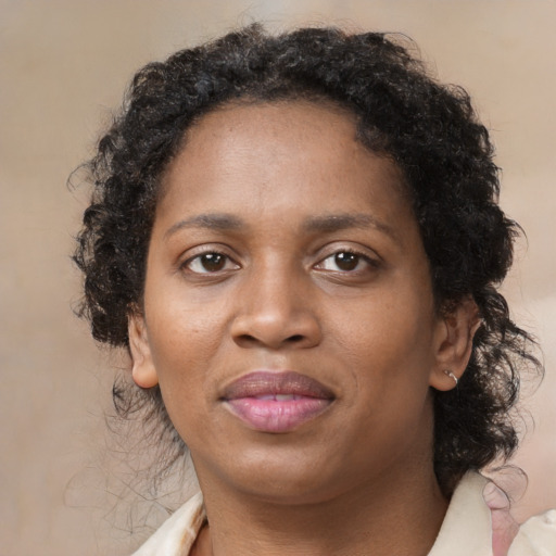 Joyful black adult female with medium  brown hair and brown eyes