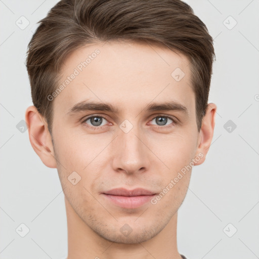 Neutral white young-adult male with short  brown hair and grey eyes