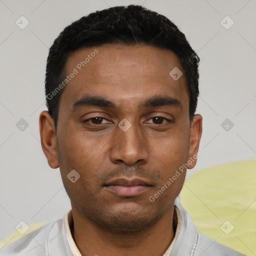 Neutral asian young-adult male with short  black hair and brown eyes