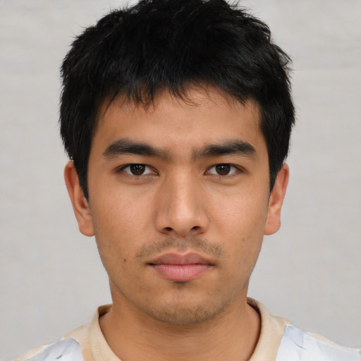 Neutral asian young-adult male with short  black hair and brown eyes