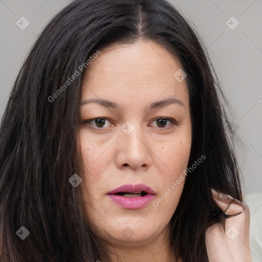 Neutral white young-adult female with long  brown hair and brown eyes