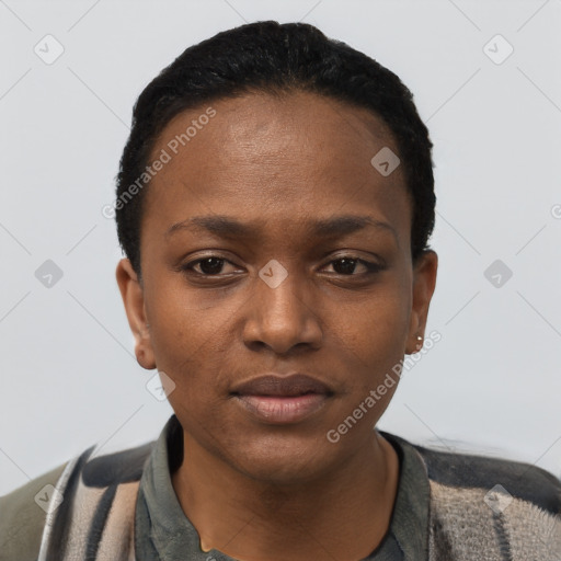 Neutral black young-adult female with short  black hair and brown eyes
