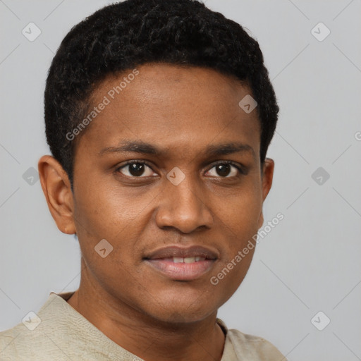 Joyful black young-adult male with short  brown hair and brown eyes