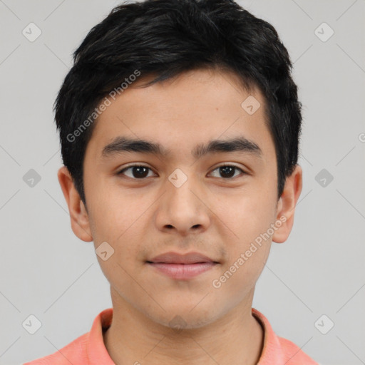 Neutral asian young-adult male with short  black hair and brown eyes