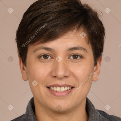 Joyful white young-adult female with short  brown hair and brown eyes