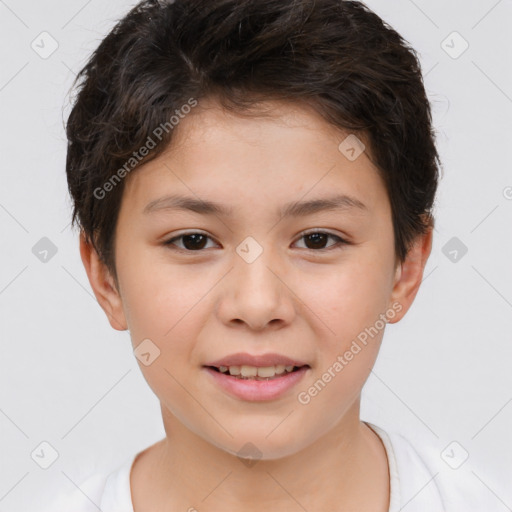 Joyful white child female with short  brown hair and brown eyes