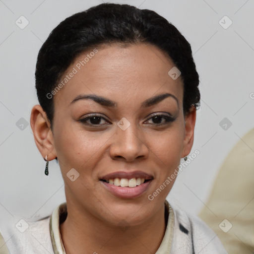 Joyful latino young-adult female with short  brown hair and brown eyes