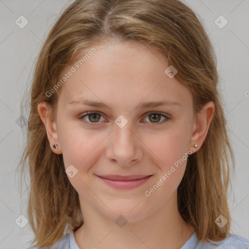 Joyful white child female with medium  brown hair and brown eyes