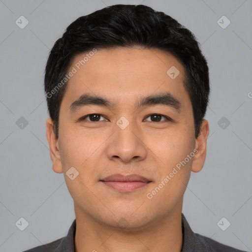 Joyful latino young-adult male with short  black hair and brown eyes