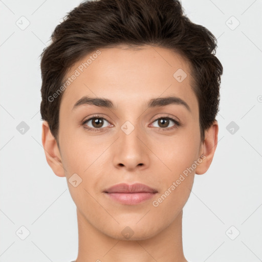 Joyful white young-adult female with short  brown hair and brown eyes