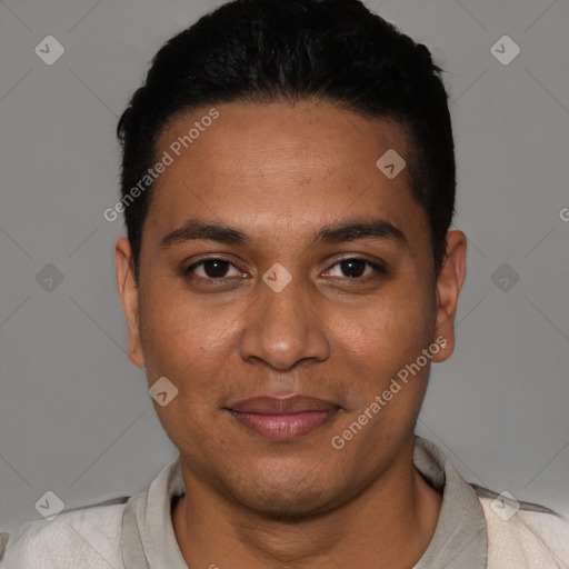 Joyful white young-adult male with short  black hair and brown eyes