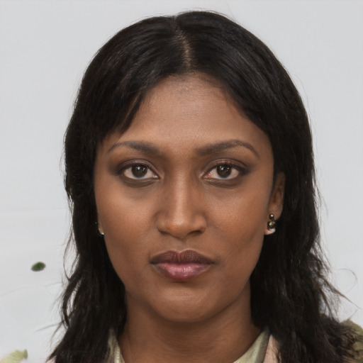 Neutral asian young-adult female with long  brown hair and brown eyes