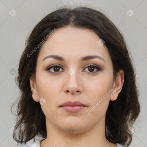 Neutral white young-adult female with medium  brown hair and brown eyes