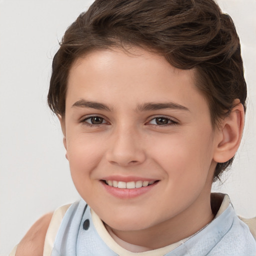 Joyful white child female with short  brown hair and brown eyes