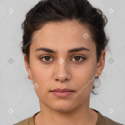 Neutral white young-adult female with short  brown hair and brown eyes