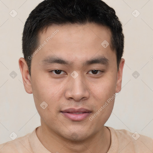 Neutral asian young-adult male with short  brown hair and brown eyes