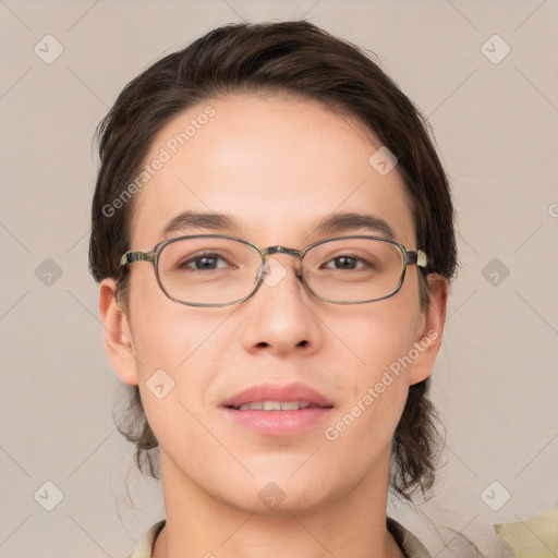 Joyful white young-adult female with medium  brown hair and brown eyes