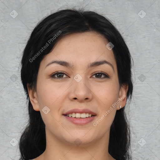 Joyful asian young-adult female with medium  black hair and brown eyes