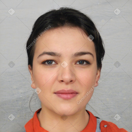 Neutral white young-adult female with short  brown hair and brown eyes