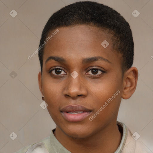 Joyful black young-adult female with short  brown hair and brown eyes