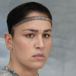 Neutral white young-adult female with short  brown hair and brown eyes