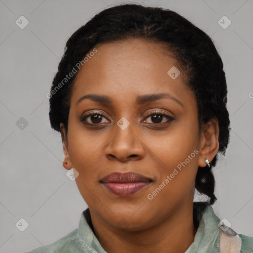 Joyful latino young-adult female with short  black hair and brown eyes