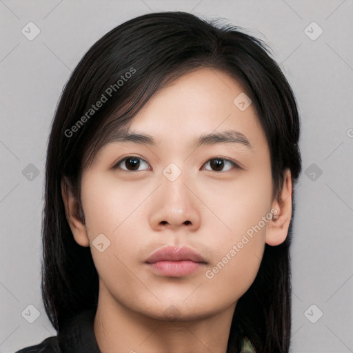 Neutral asian young-adult female with long  black hair and brown eyes