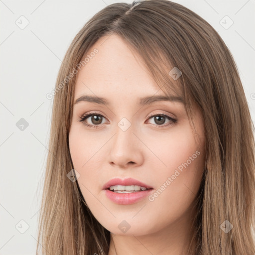 Neutral white young-adult female with long  brown hair and brown eyes