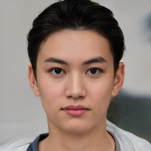 Neutral white young-adult female with short  brown hair and brown eyes