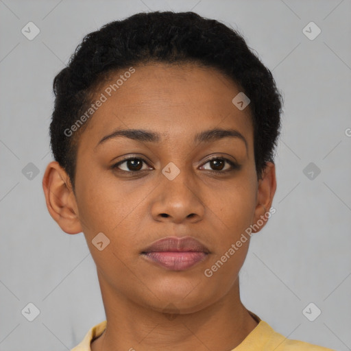 Neutral black young-adult female with short  brown hair and brown eyes