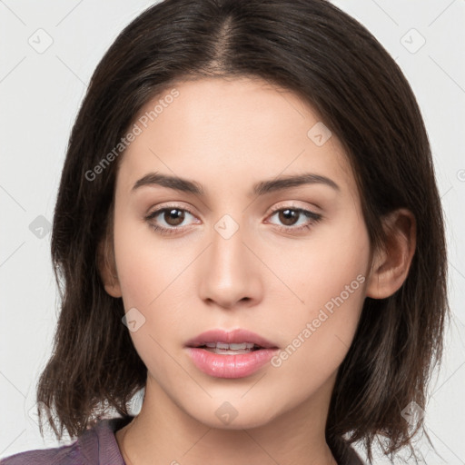 Neutral white young-adult female with medium  brown hair and brown eyes