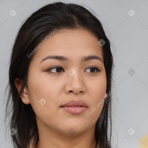 Neutral asian young-adult female with long  brown hair and brown eyes